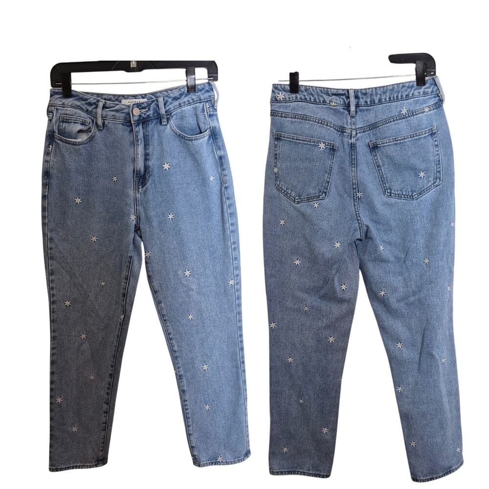 Pacsun Blue Denim High Rise Mom Jeans Embroidered Flowers 27